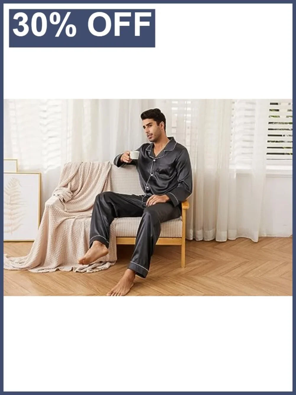 Men's Silk Satin Pajama Set Long Sleeve Button Down Sleepwear Two-Piece